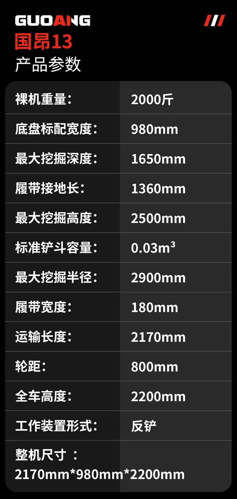 Guoang 13 Mini Excavator (1.3 Ton Standard Version) Brand New Machine